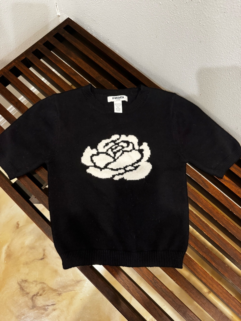 RSQ Black Crewneck Sweater with White Rose Motif